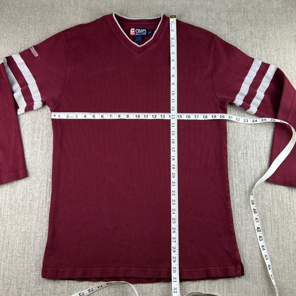 Chaps Ralph Lauren Pullover Mens Large Burgundy V-Neck Ribbed Striped Sleeve Y2K - Picture 4 of 6